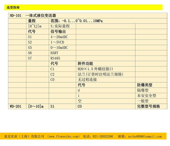 液位開關(guān)選型表